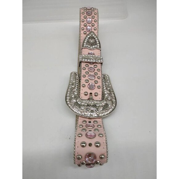 BHW XS LEATHER WESTERN COWGIRL BELT Rhinestones Rodeo Princess Bling Pink Silver - Picture 5 of 9